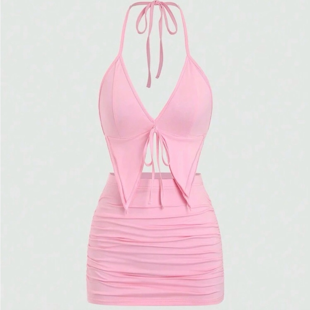 EgrlEra (SHEIN) Summer Set : Asymmetrical Halter Neck Tank Top and Midi Skirt.